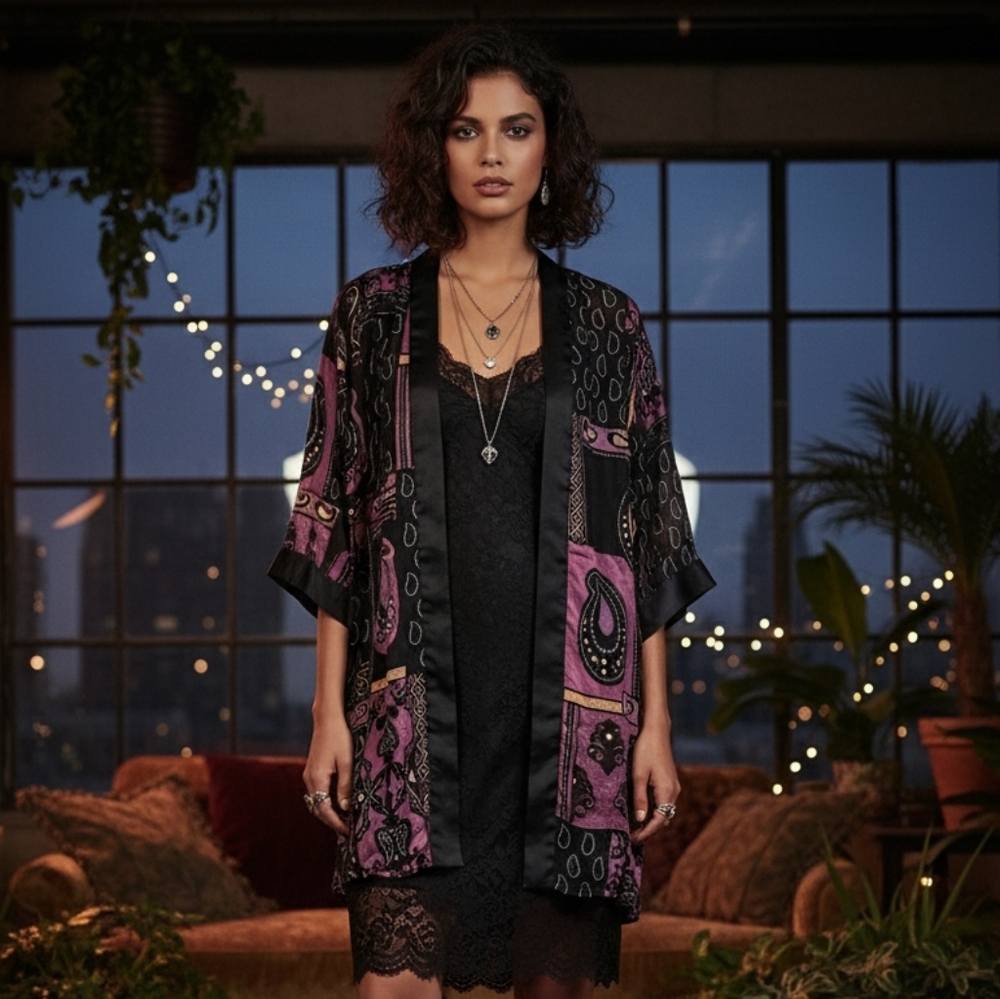 Satin And Velvet Paisley Purple Burnout Patterned Kimono - Picture 2 of 8